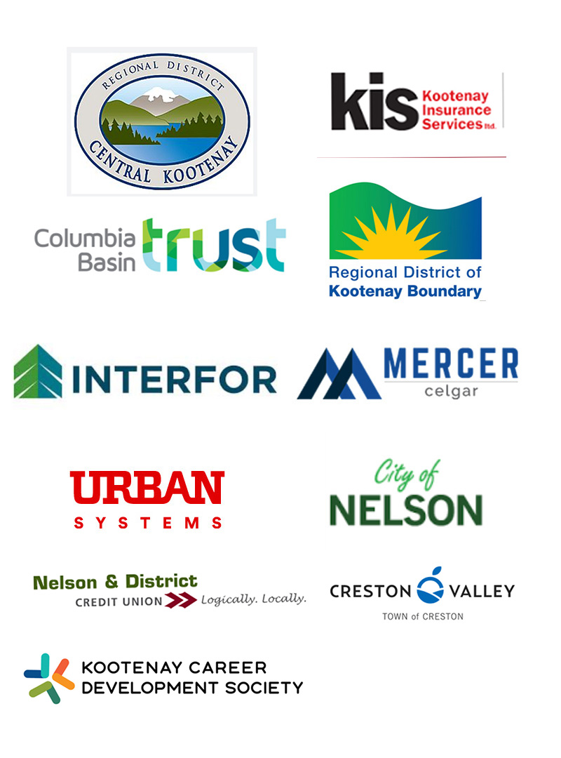 Columbia basin Trust CBT, Kootenay Insurance Services KIS, Regional District Central Kootenay RDCK, Regional District of Kootenay Boundary (RDKB), Interfor, Mercer Celgar, Urban Systems, City of Nelson, Nelson & District Credit Union, Town of Creston, Kootenay Career Development Society KCDS